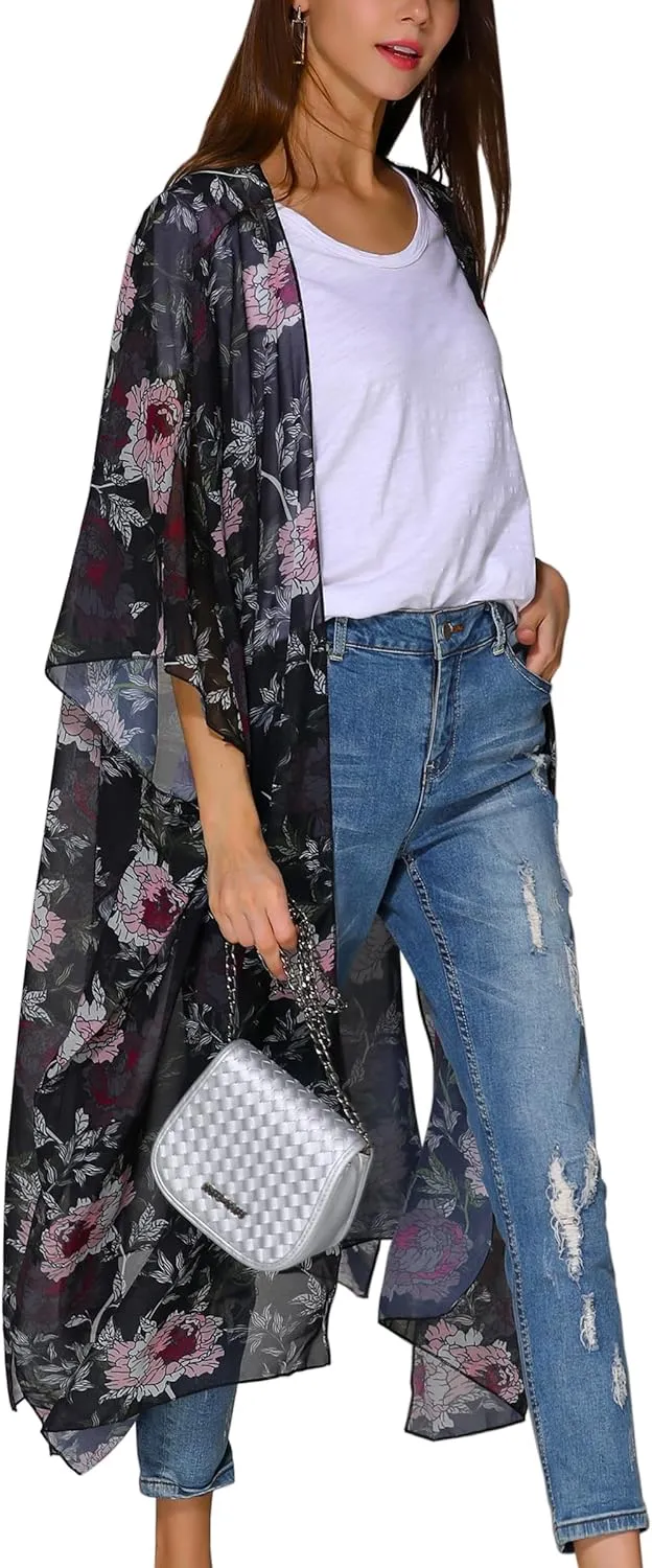 Hibluco Women's Summer Chiffon Floral Kimono Cardigan Long Swimwear Cover Ups