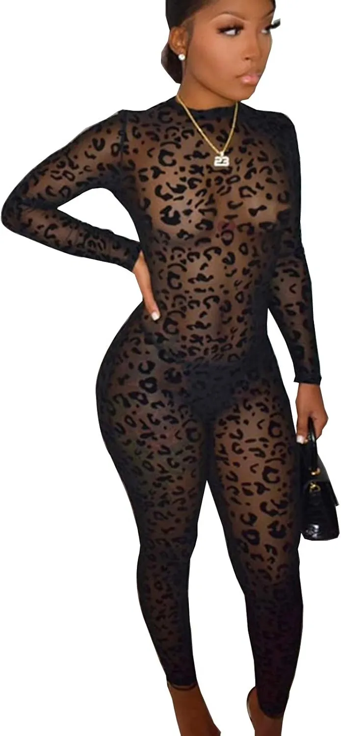 hibshaby Sexy Mesh Black Leopard Jumpsuits for Women Bodycon Outfits Streetwear Rompers