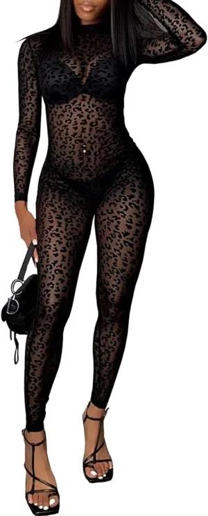 hibshaby Sexy Mesh Black Leopard Jumpsuits for Women Bodycon Outfits Streetwear Rompers