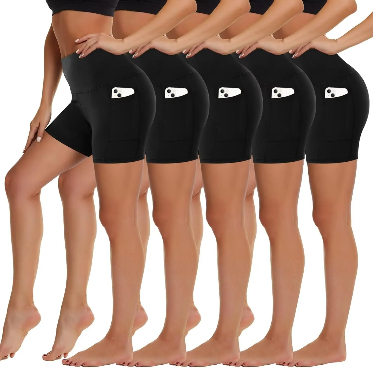 HIGHDAYS 5 Pack Biker Shorts with Pockets for Women - 5"/8" High Waist Spandex Workout Yoga Running Athletic