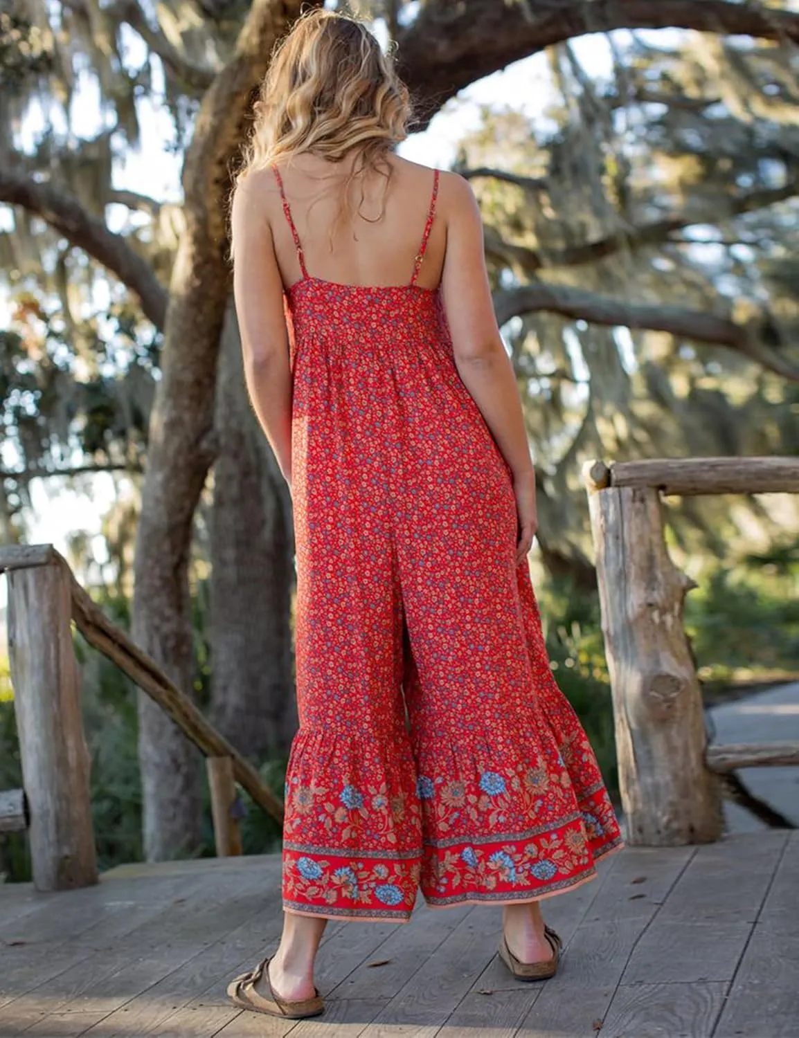 Himosyber Women's Summer Boho Jumpsuits Casual Wide Leg Bib Overalls Floral Print Rompers with Pockets