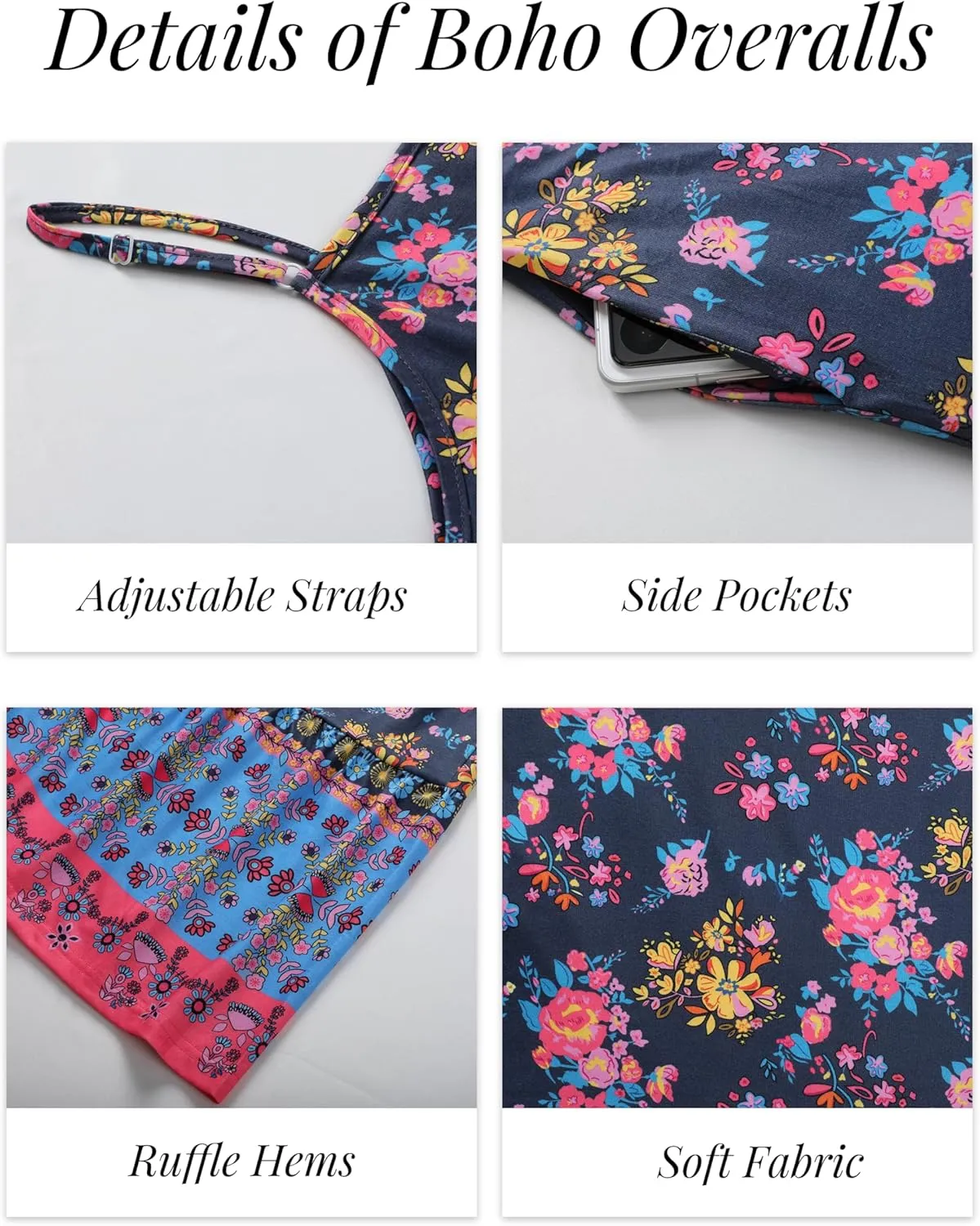 Himosyber Women's Summer Boho Jumpsuits Casual Wide Leg Bib Overalls Floral Print Rompers with Pockets