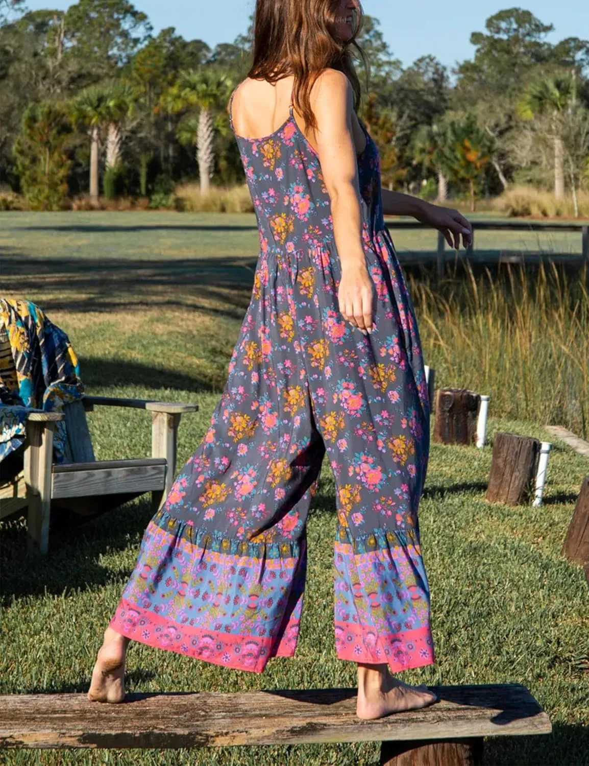 Himosyber Women's Summer Boho Jumpsuits Casual Wide Leg Bib Overalls Floral Print Rompers with Pockets