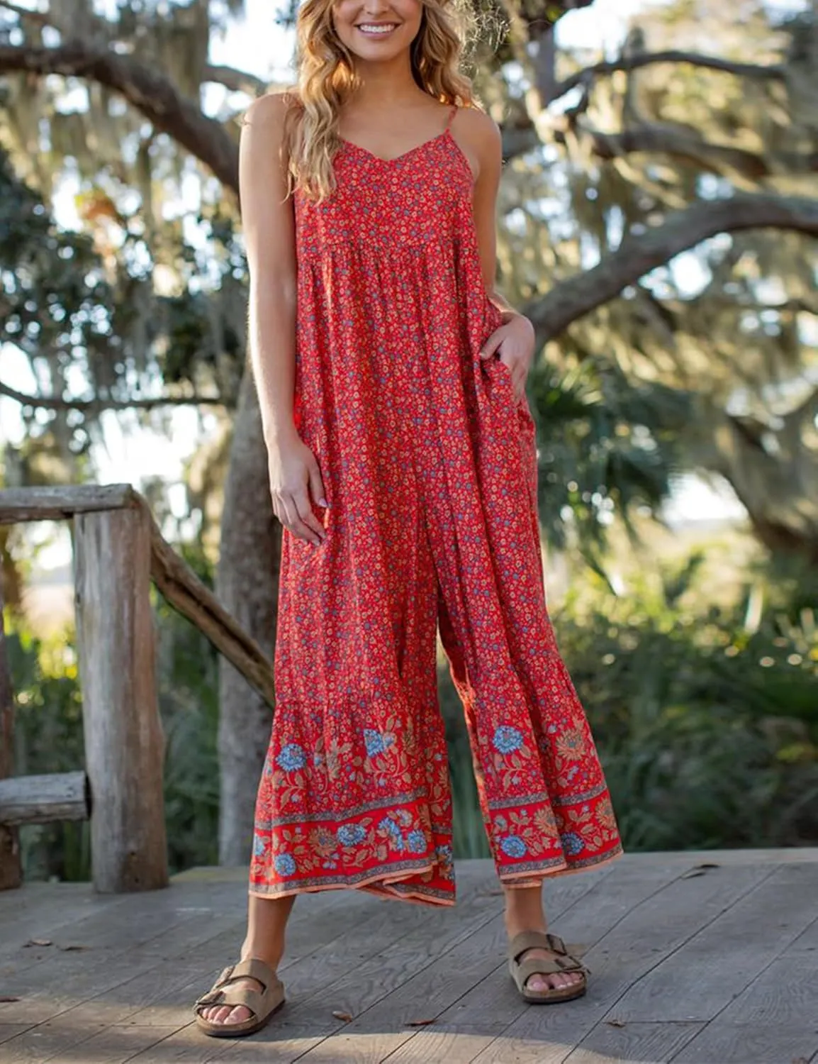 Himosyber Women's Summer Boho Jumpsuits Casual Wide Leg Bib Overalls Floral Print Rompers with Pockets