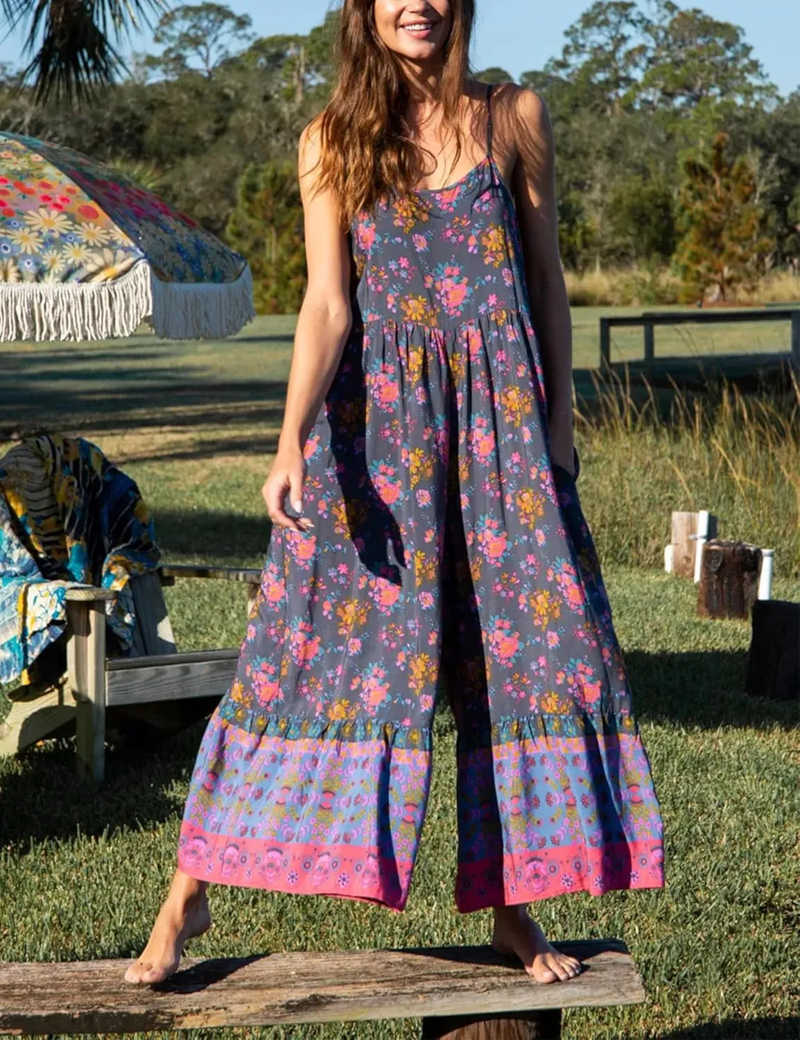 Himosyber Women's Summer Boho Jumpsuits Casual Wide Leg Bib Overalls Floral Print Rompers with Pockets