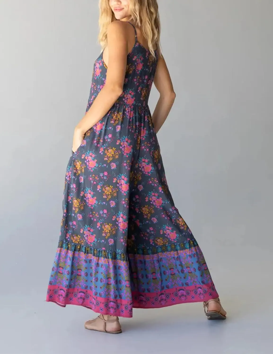 Himosyber Women's Summer Boho Jumpsuits Casual Wide Leg Bib Overalls Floral Print Rompers with Pockets