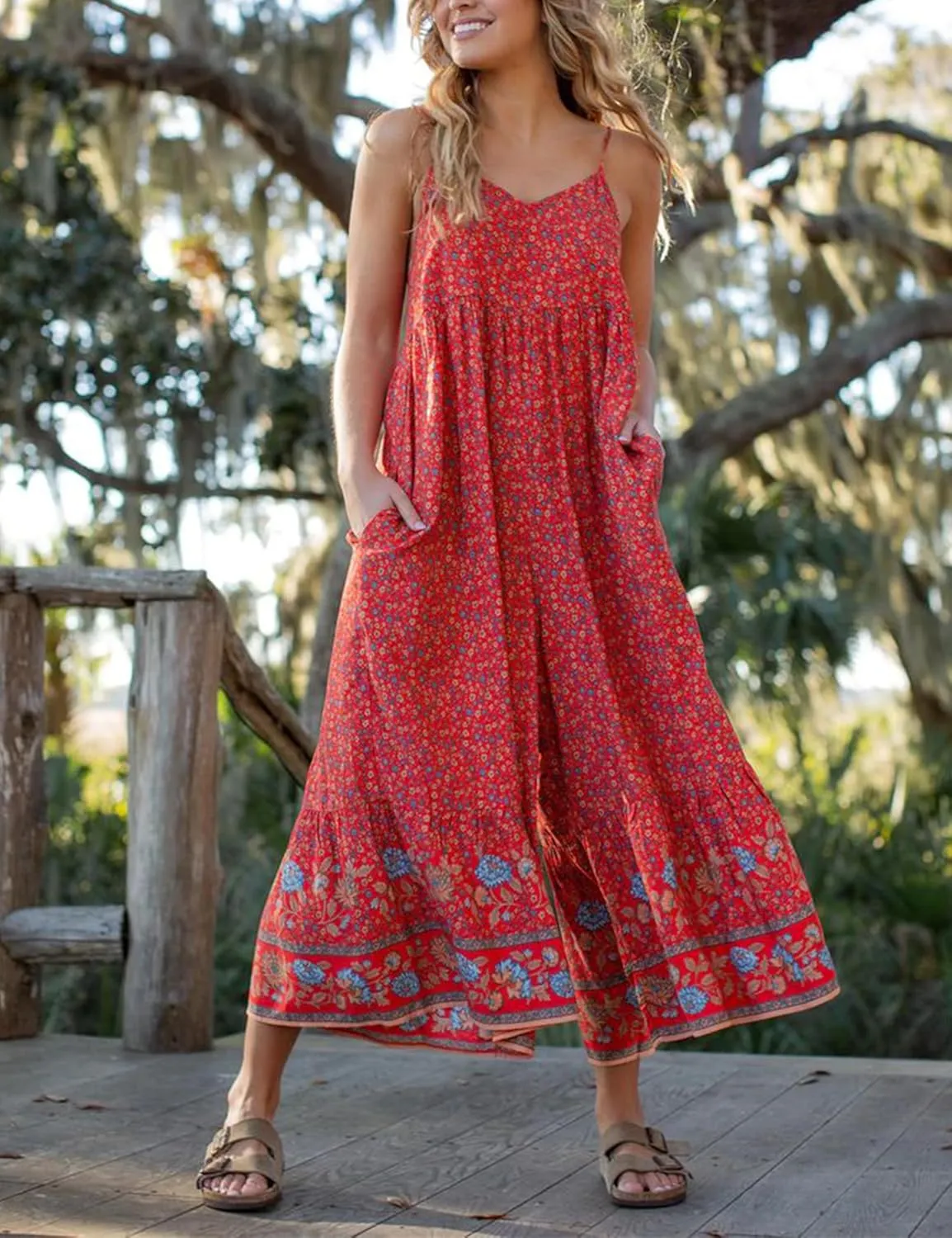 Himosyber Women's Summer Boho Jumpsuits Casual Wide Leg Bib Overalls Floral Print Rompers with Pockets