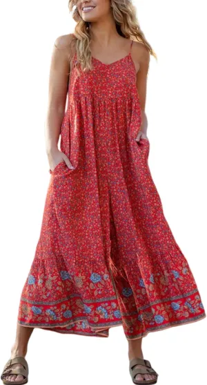 Himosyber Women's Summer Boho Jumpsuits Casual Wide Leg Bib Overalls Floral Print Rompers with Pockets