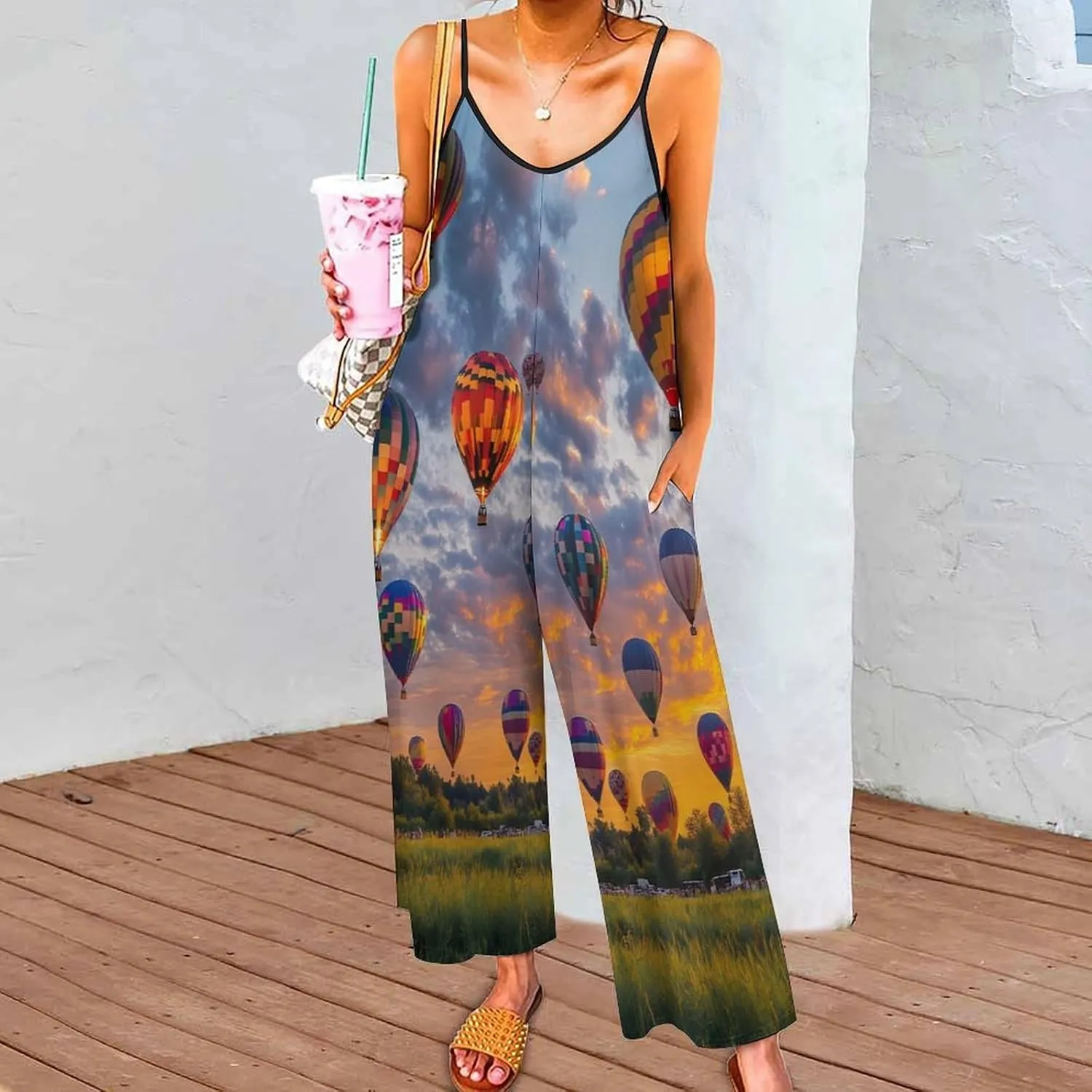Hot Air Balloons Jumpsuit for Women Casual Suspender Rompers Baggy Long Pants