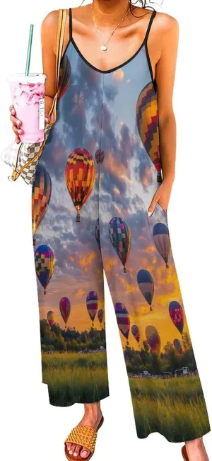 Hot Air Balloons Jumpsuit for Women Casual Suspender Rompers Baggy Long Pants