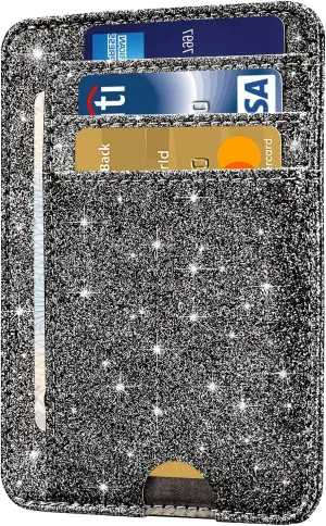 HOTCOOL Card Holder Wallet Front Pocket Minimalist Travel Cute Funny Thin Leather With RFID Blocking Small Credit Card Holder Wallet for Men & Women Girls Organizer Gifts, Glitter Black