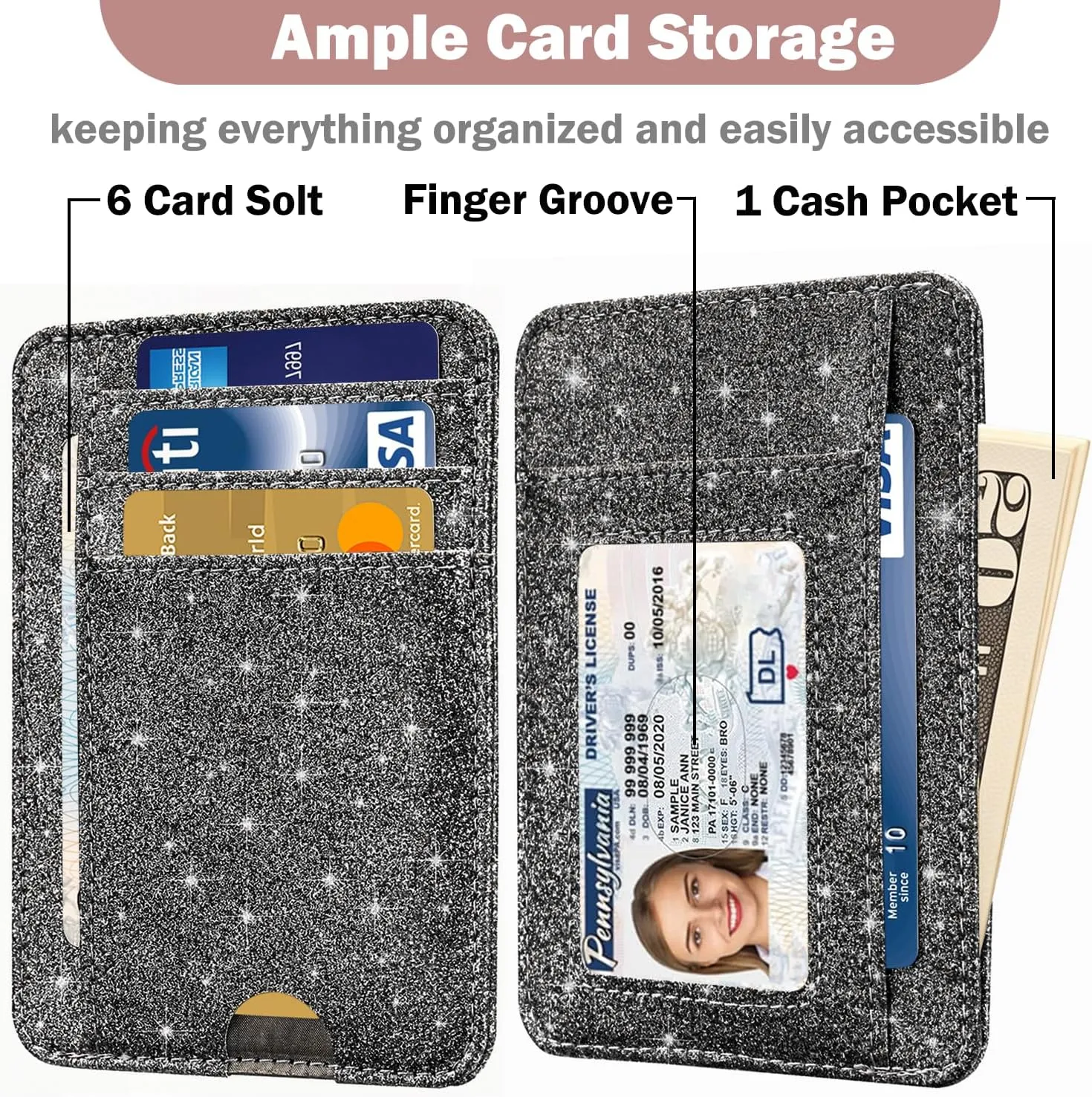 HOTCOOL Card Holder Wallet Front Pocket Minimalist Travel Cute Funny Thin Leather With RFID Blocking Small Credit Card Holder Wallet for Men & Women Girls Organizer Gifts, Glitter Black