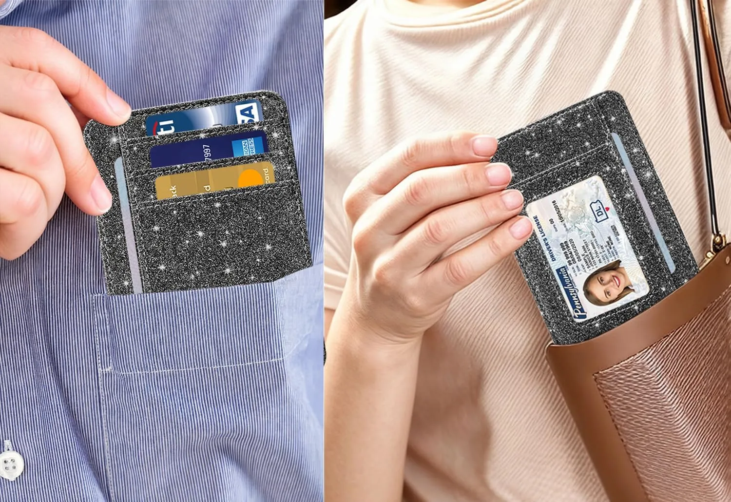 HOTCOOL Card Holder Wallet Front Pocket Minimalist Travel Cute Funny Thin Leather With RFID Blocking Small Credit Card Holder Wallet for Men & Women Girls Organizer Gifts, Glitter Black