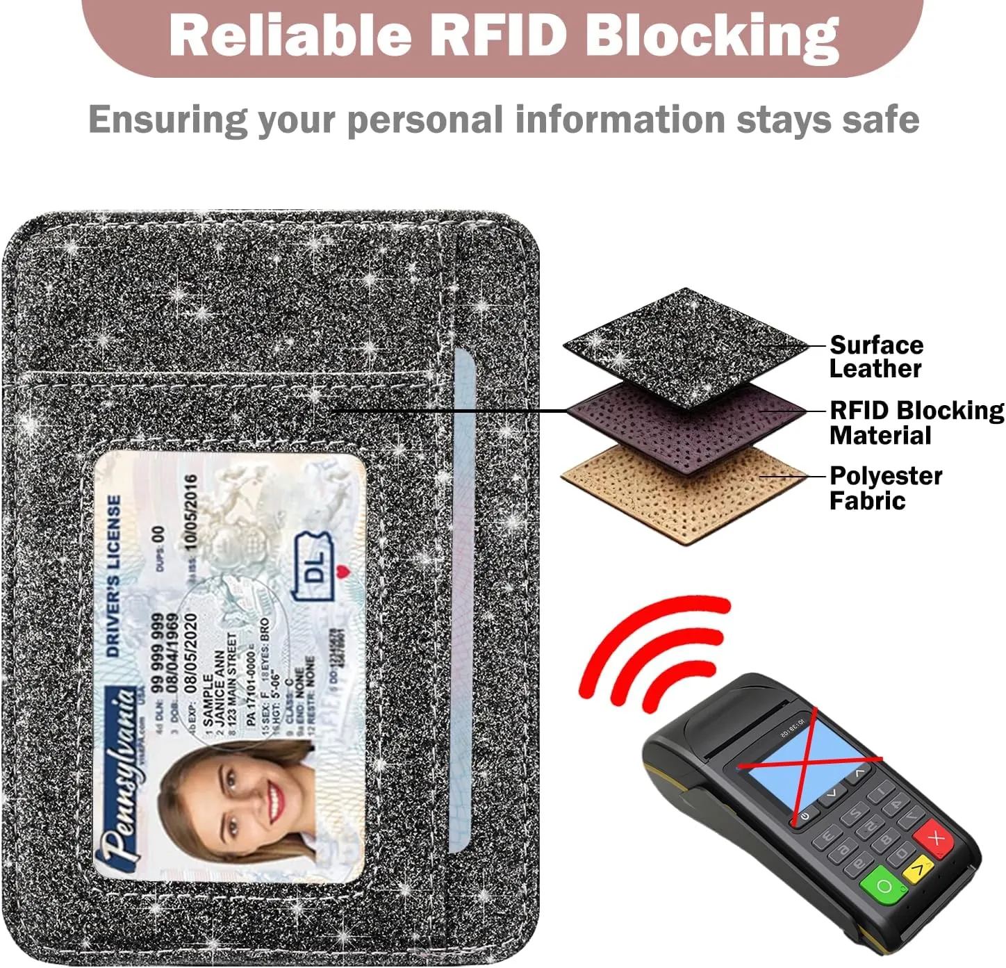HOTCOOL Card Holder Wallet Front Pocket Minimalist Travel Cute Funny Thin Leather With RFID Blocking Small Credit Card Holder Wallet for Men & Women Girls Organizer Gifts, Glitter Black
