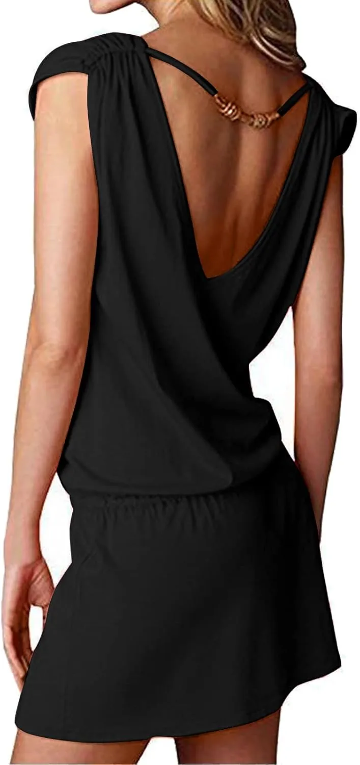 Hount Women's Beach Swimsuit Cover up Deep V-Neck Short Mini Dress Beach Skirt