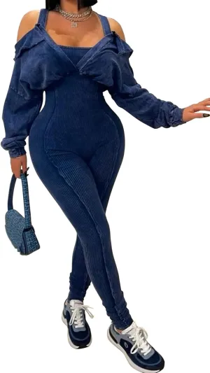 HuiSiFang Women's Sexy Bodycon Backless Jumpsuit Ribbed Long Sleeve Stretch Casual One Piece Jumpsuits