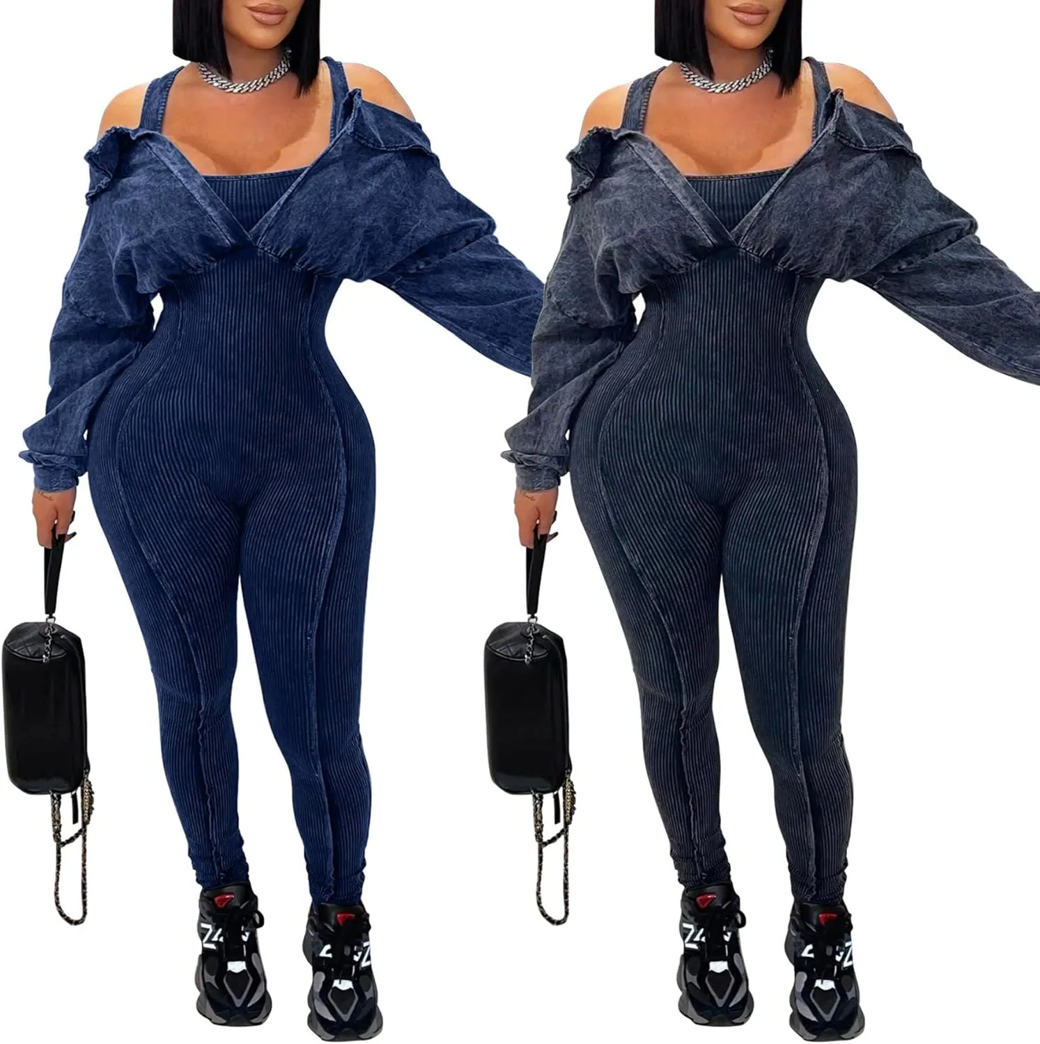 HuiSiFang Women's Sexy Bodycon Backless Jumpsuit Ribbed Long Sleeve Stretch Casual One Piece Jumpsuits