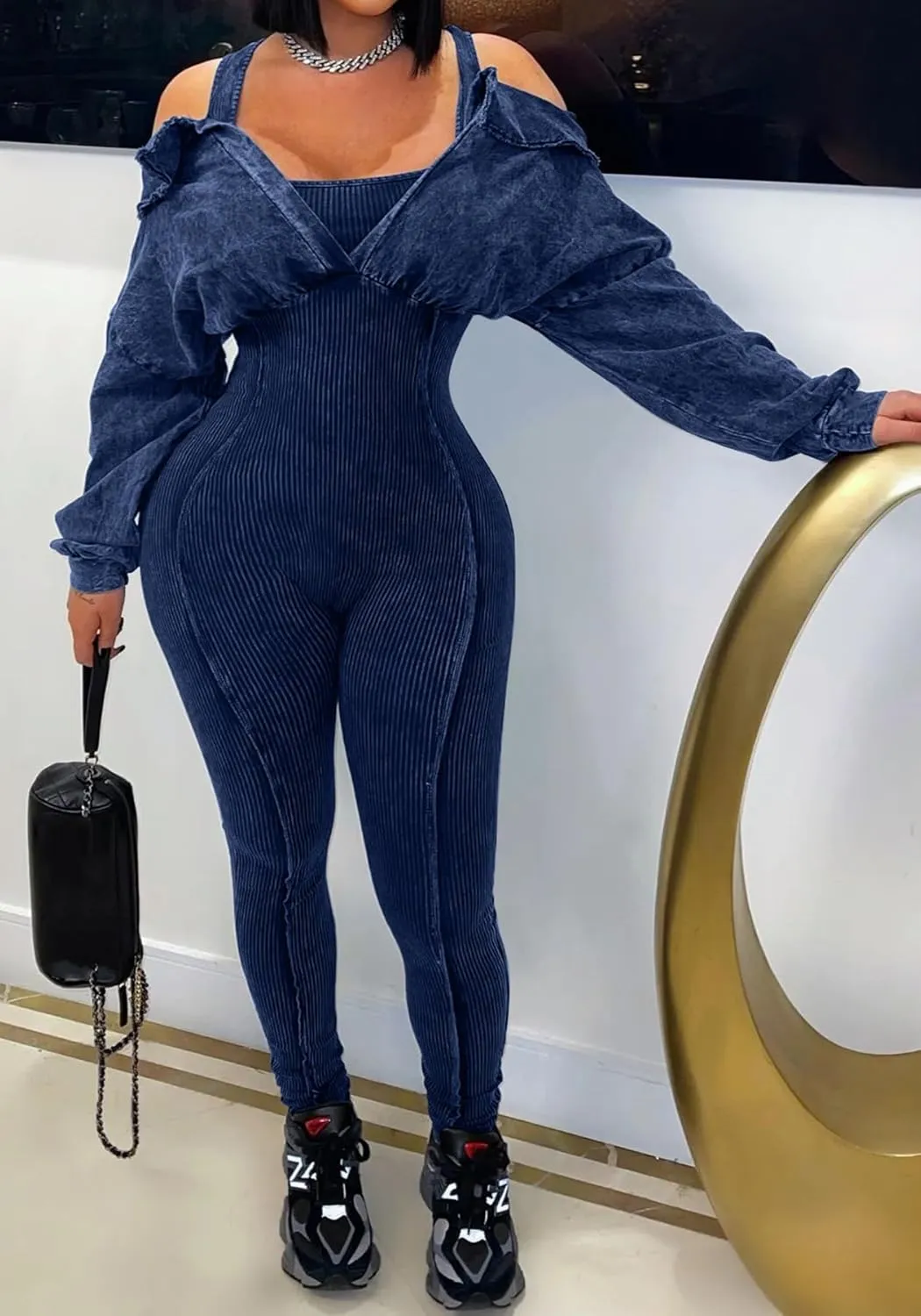 HuiSiFang Women's Sexy Bodycon Backless Jumpsuit Ribbed Long Sleeve Stretch Casual One Piece Jumpsuits