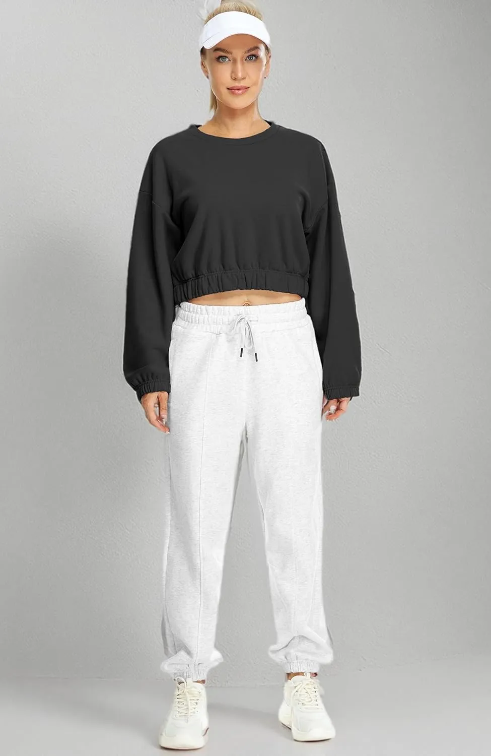 icyzone Women's Oversized Fleece Lined Plain Sweatshirt, Cropped Drop Shoulder Crewneck Pullover