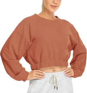 icyzone Women's Oversized Fleece Lined Plain Sweatshirt, Cropped Drop Shoulder Crewneck Pullover