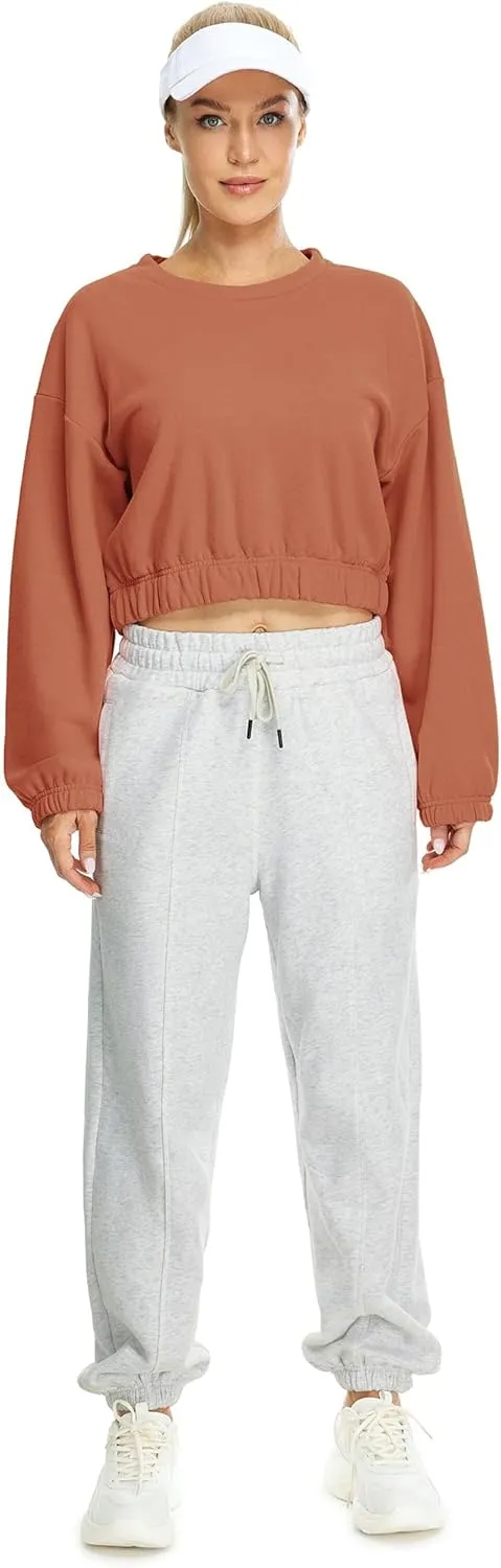 icyzone Women's Oversized Fleece Lined Plain Sweatshirt, Cropped Drop Shoulder Crewneck Pullover