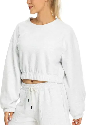icyzone Women's Oversized Fleece Lined Plain Sweatshirt, Cropped Drop Shoulder Crewneck Pullover