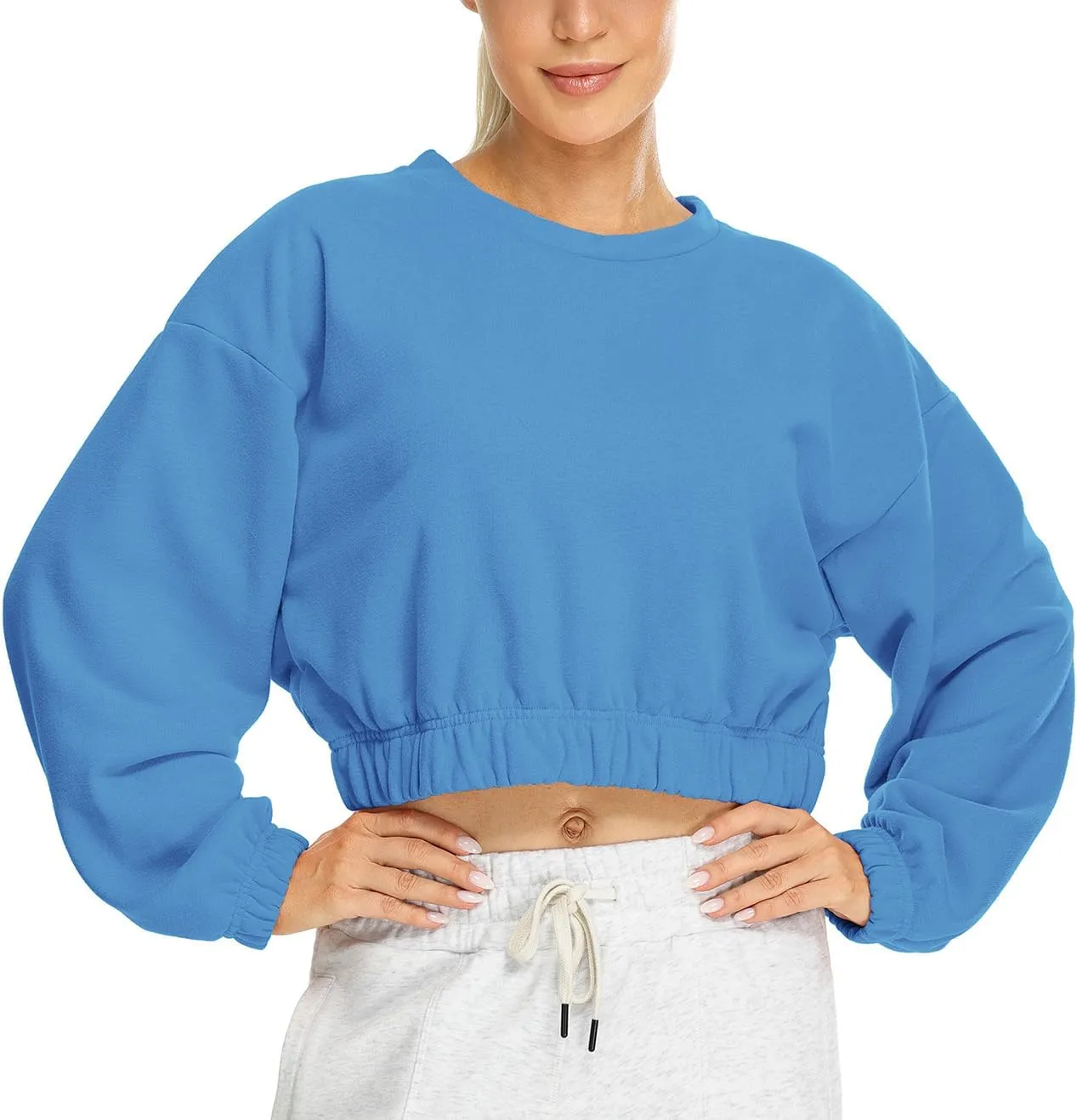 icyzone Women's Oversized Fleece Lined Plain Sweatshirt, Cropped Drop Shoulder Crewneck Pullover