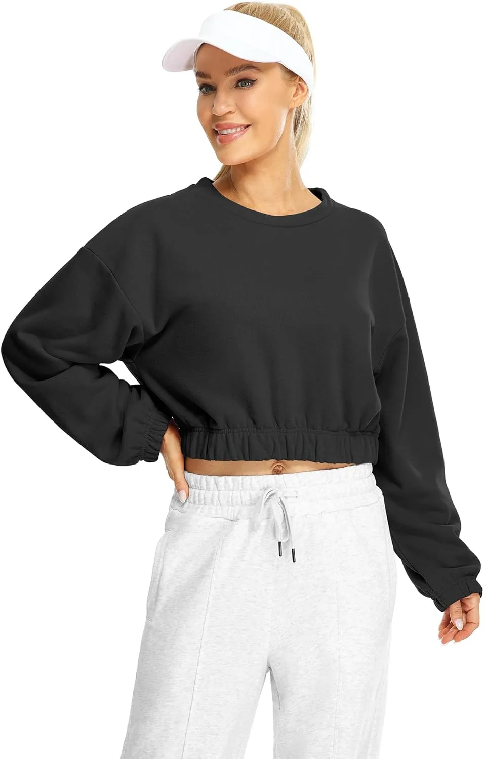 icyzone Women's Oversized Fleece Lined Plain Sweatshirt, Cropped Drop Shoulder Crewneck Pullover