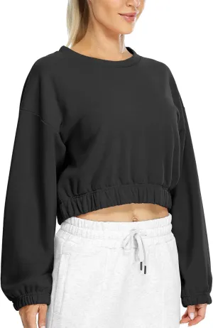 icyzone Women's Oversized Fleece Lined Plain Sweatshirt, Cropped Drop Shoulder Crewneck Pullover