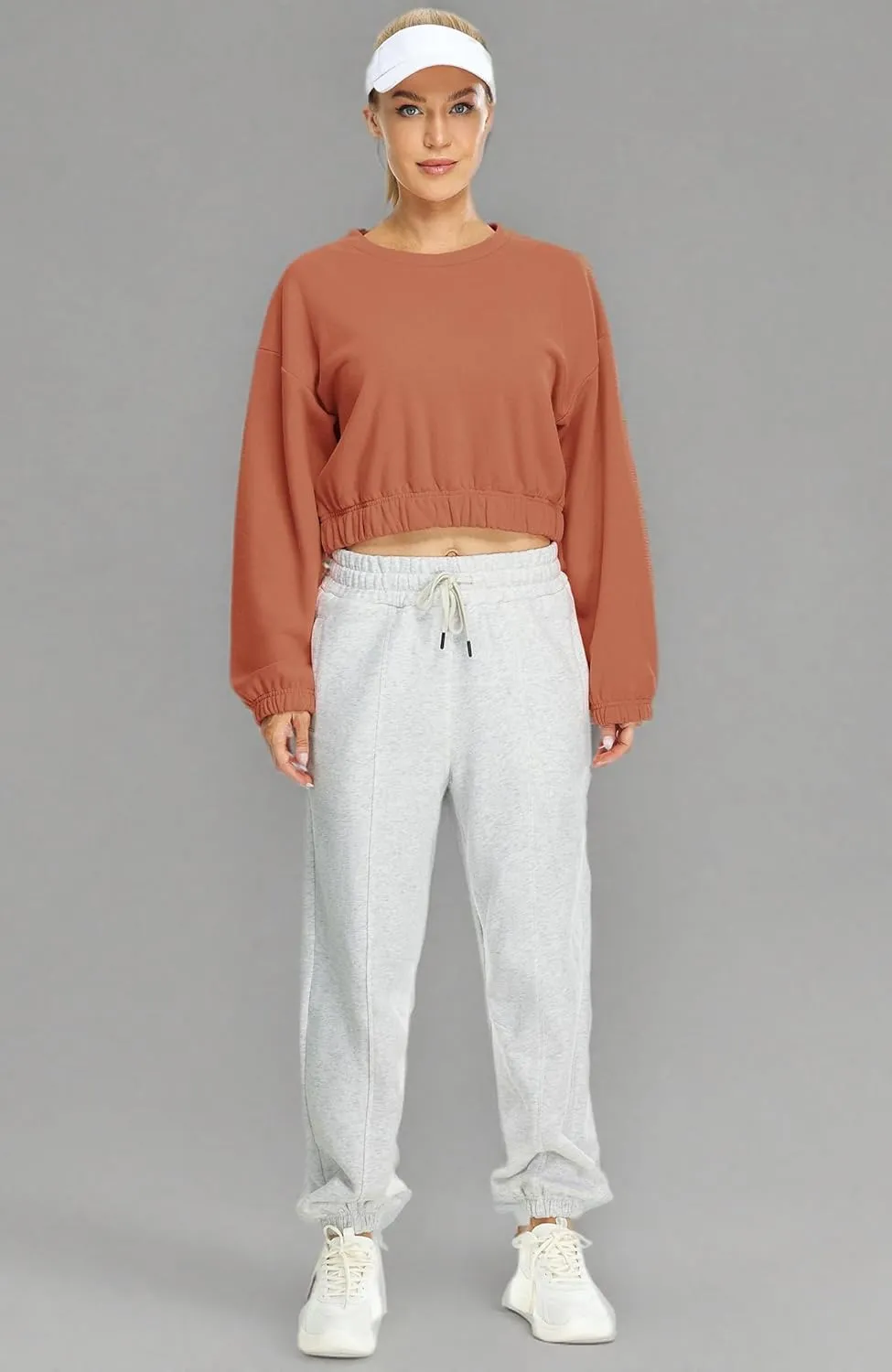 icyzone Women's Oversized Fleece Lined Plain Sweatshirt, Cropped Drop Shoulder Crewneck Pullover