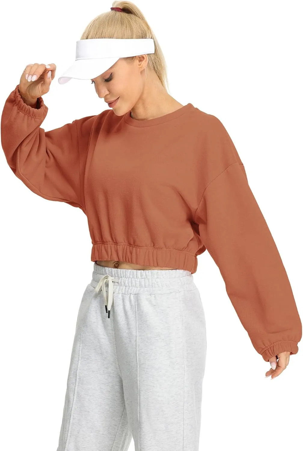 icyzone Women's Oversized Fleece Lined Plain Sweatshirt, Cropped Drop Shoulder Crewneck Pullover