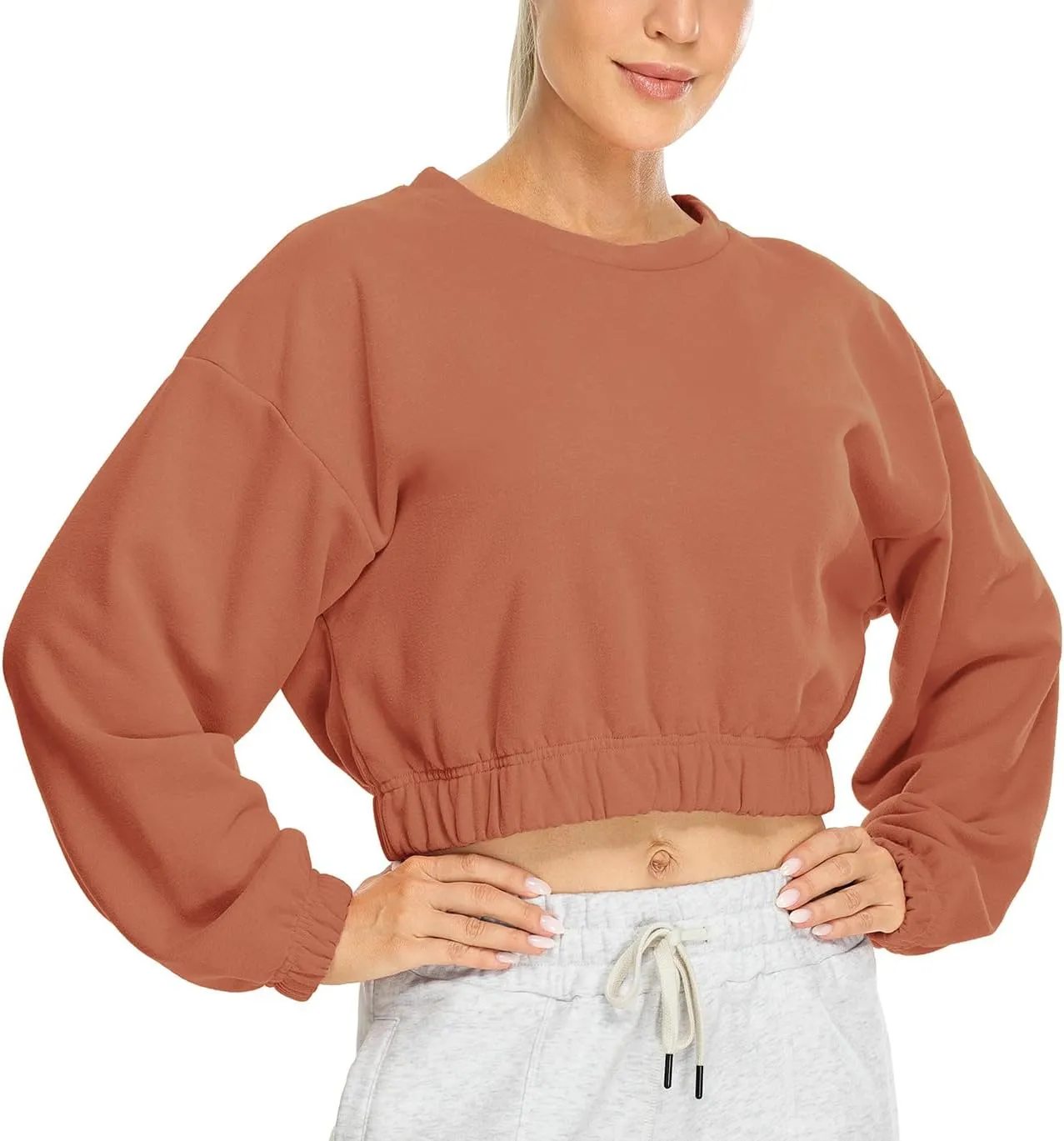 icyzone Women's Oversized Fleece Lined Plain Sweatshirt, Cropped Drop Shoulder Crewneck Pullover