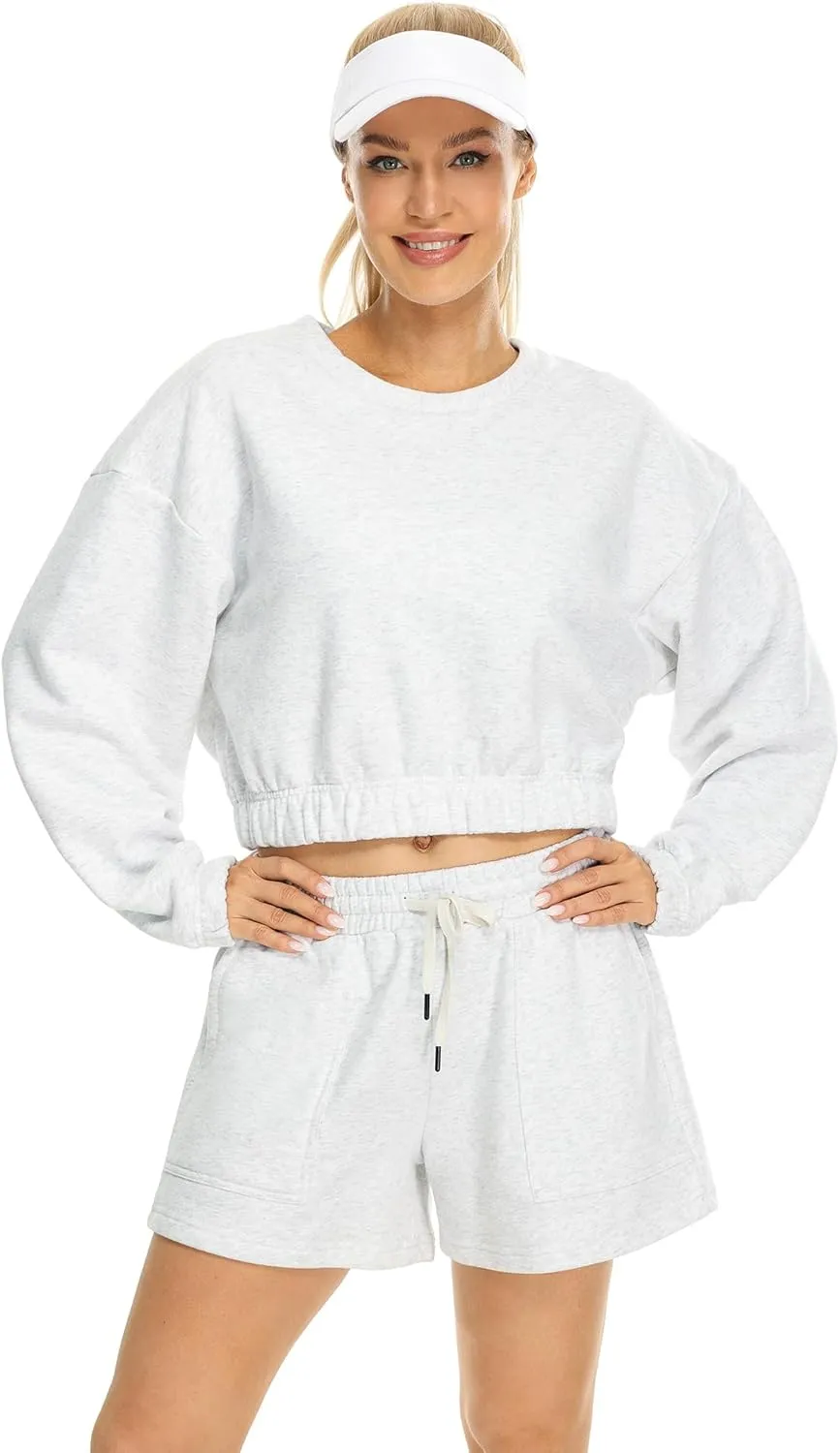 icyzone Women's Oversized Fleece Lined Plain Sweatshirt, Cropped Drop Shoulder Crewneck Pullover