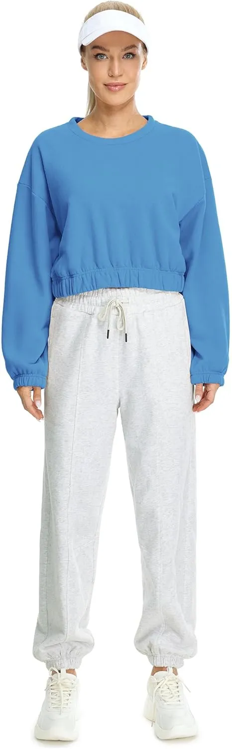 icyzone Women's Oversized Fleece Lined Plain Sweatshirt, Cropped Drop Shoulder Crewneck Pullover