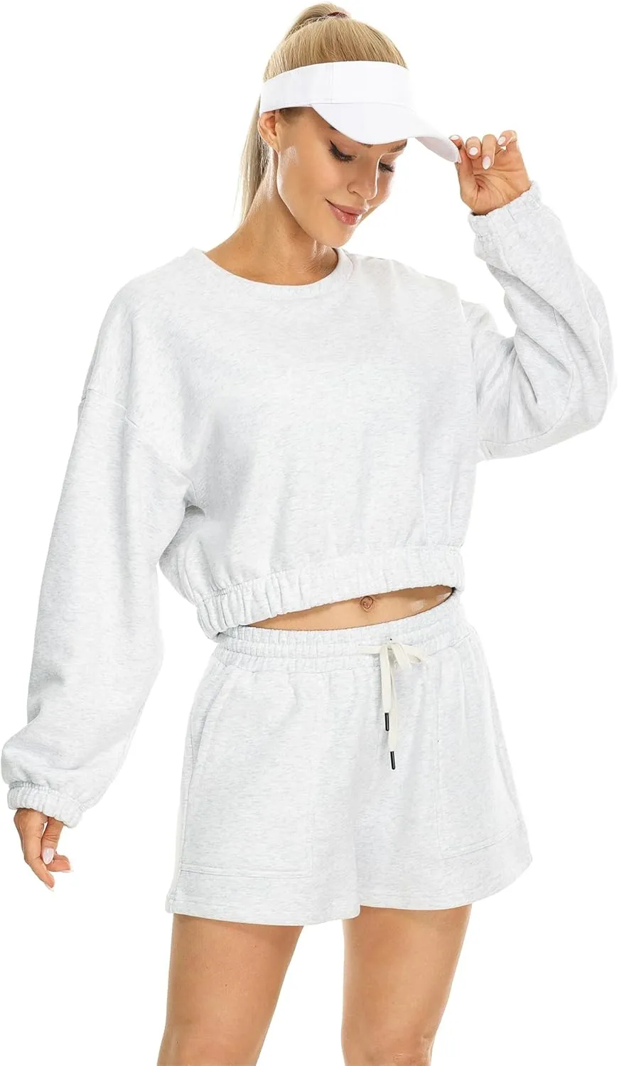 icyzone Women's Oversized Fleece Lined Plain Sweatshirt, Cropped Drop Shoulder Crewneck Pullover