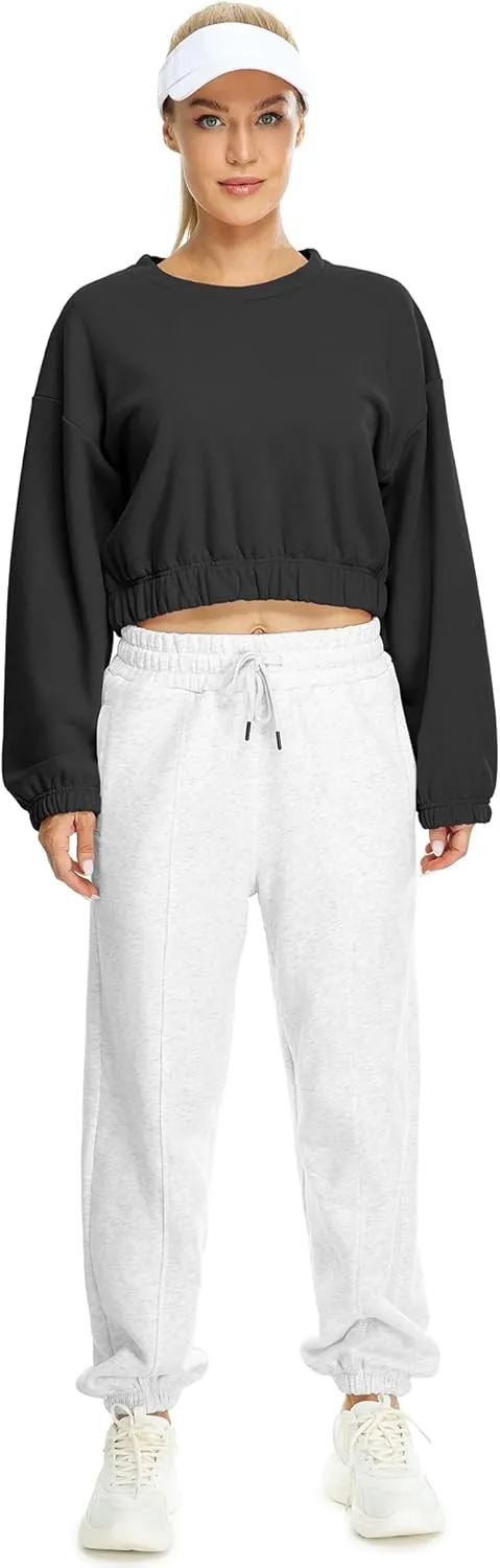 icyzone Women's Oversized Fleece Lined Plain Sweatshirt, Cropped Drop Shoulder Crewneck Pullover