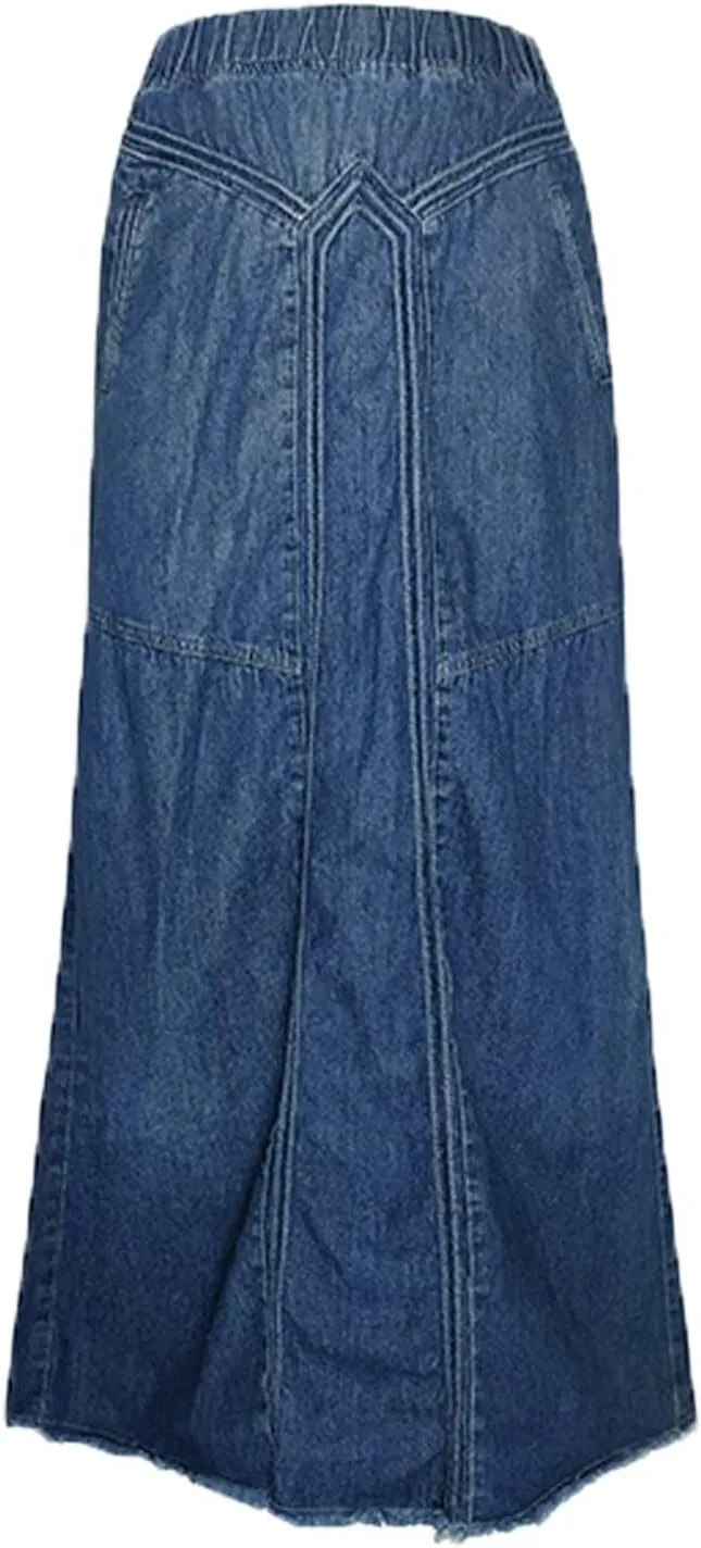 INVACHI Womens Long Jean Skirt Maxi Denim Skirt Women Elastic Waist Jean Skirt with Pockets