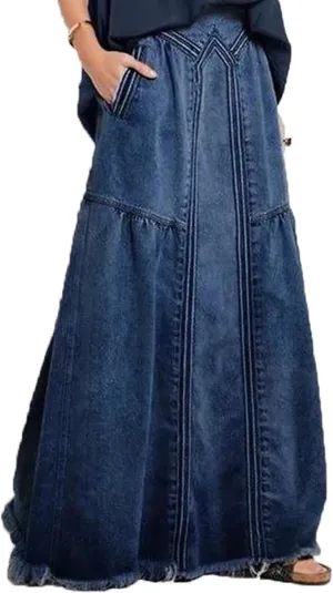INVACHI Womens Long Jean Skirt Maxi Denim Skirt Women Elastic Waist Jean Skirt with Pockets