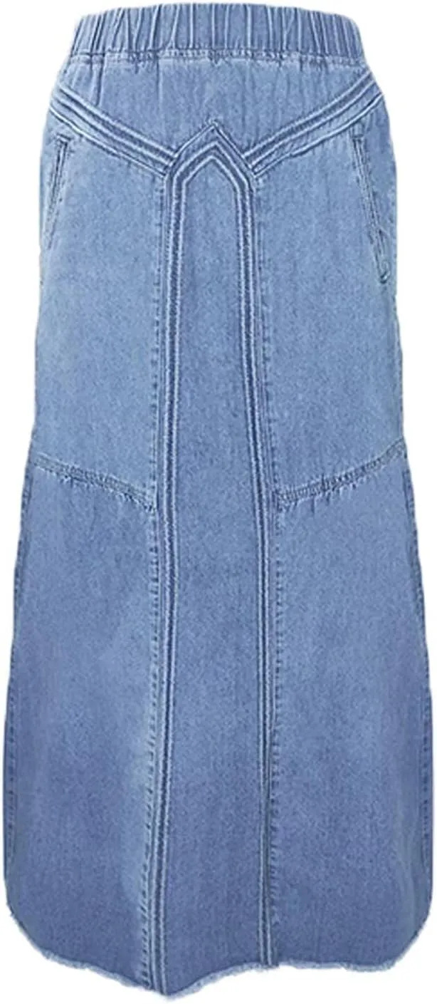 INVACHI Womens Long Jean Skirt Maxi Denim Skirt Women Elastic Waist Jean Skirt with Pockets