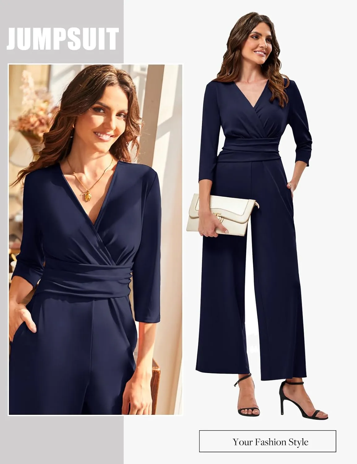 JASAMBAC 3/4 Length Sleeve Women's Jumpsuits Dressy Casual Wrap V Neck Empire Waist Romper Flowy Pants Outfits Overalls