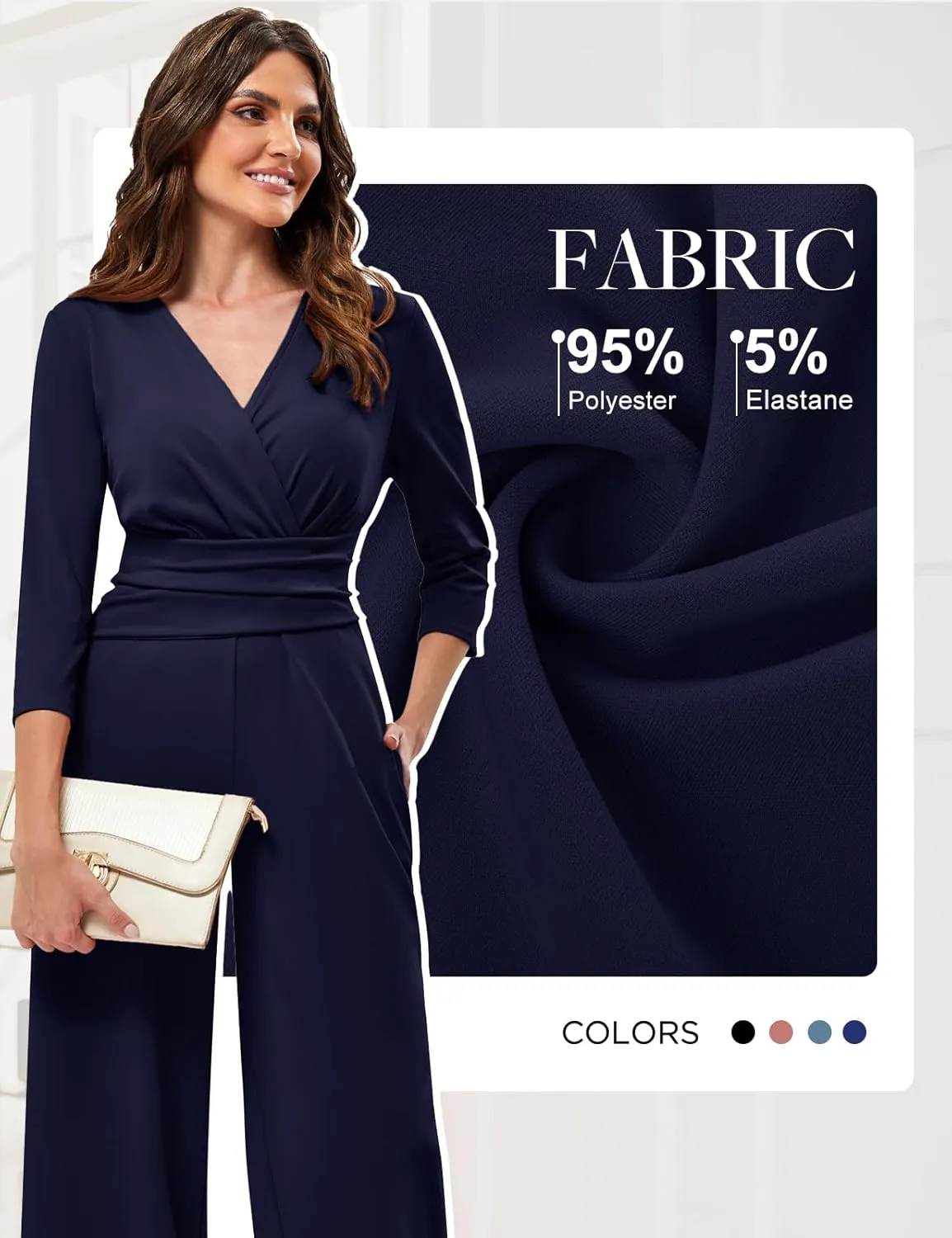JASAMBAC 3/4 Length Sleeve Women's Jumpsuits Dressy Casual Wrap V Neck Empire Waist Romper Flowy Pants Outfits Overalls