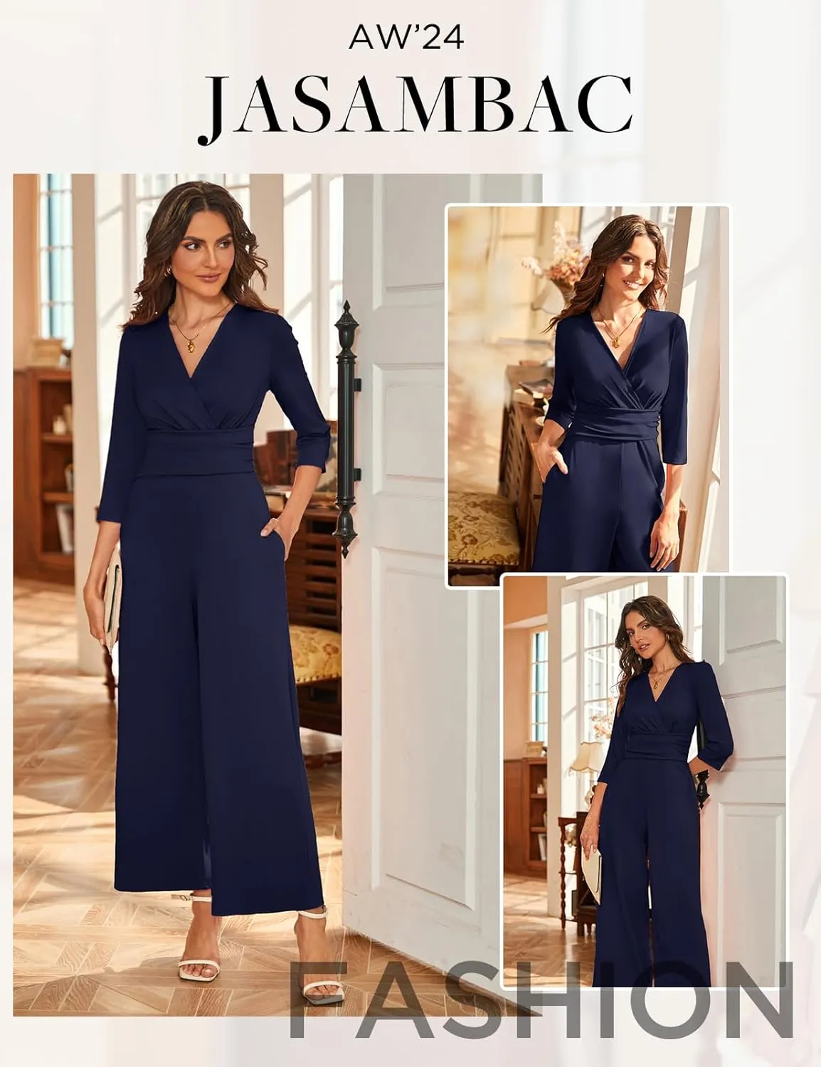 JASAMBAC 3/4 Length Sleeve Women's Jumpsuits Dressy Casual Wrap V Neck Empire Waist Romper Flowy Pants Outfits Overalls