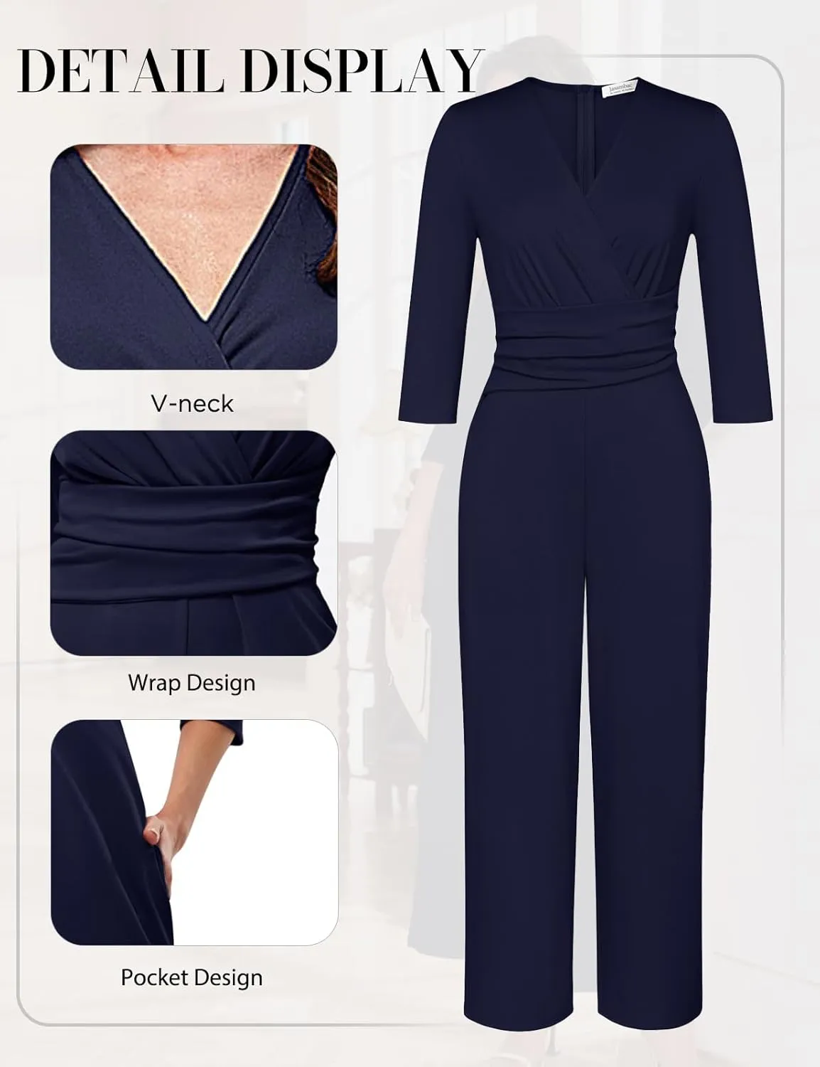 JASAMBAC 3/4 Length Sleeve Women's Jumpsuits Dressy Casual Wrap V Neck Empire Waist Romper Flowy Pants Outfits Overalls