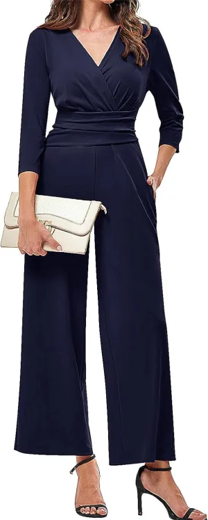 JASAMBAC 3/4 Length Sleeve Women's Jumpsuits Dressy Casual Wrap V Neck Empire Waist Romper Flowy Pants Outfits Overalls