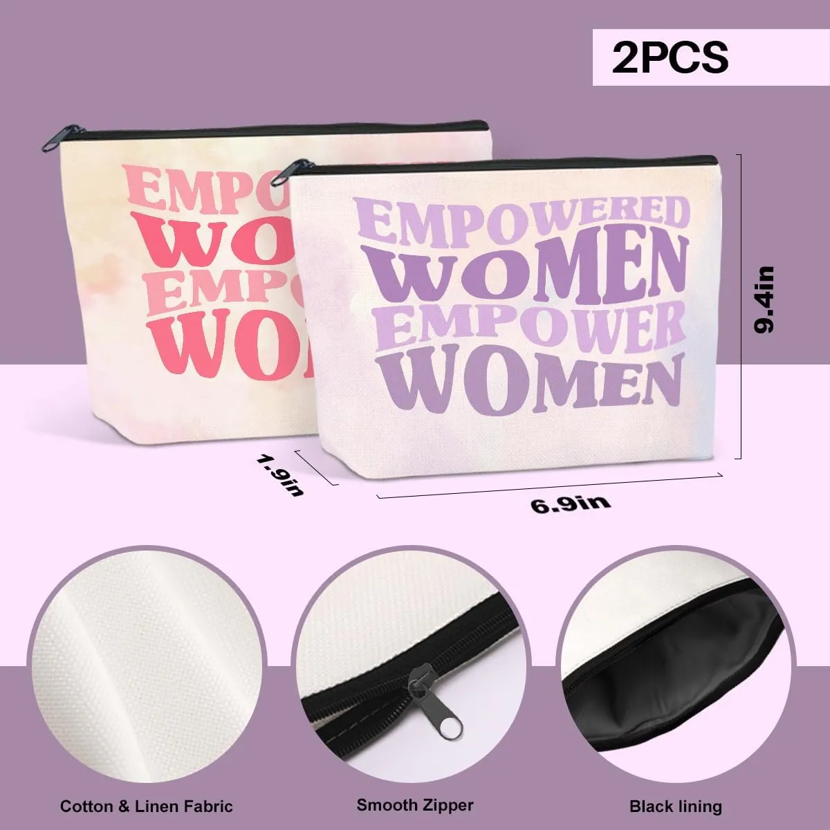 JIUWEIHU 2PCS Inspirational Gift Quote - Empowered Women Empower Women Makeup Bag gifts for Mom, Daughter, Friend, Sister, Nurse, Teacher, Boss, lawyer,