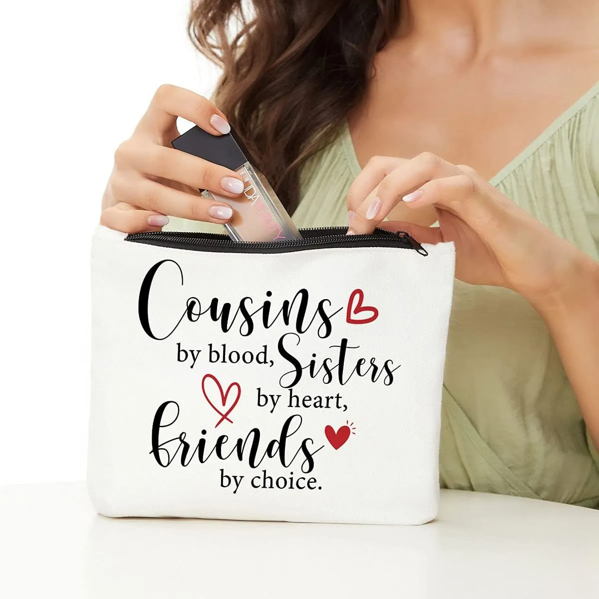 JIUWEIHU Cousin Gifts for Women, Cousin Birthday Gift Cousins by Blood, Sisters by Heart, Friends by Choice hanksgiving Christmas Graduation Wedding Gifts for Women, Girls, Her Cousin Makeup Bag