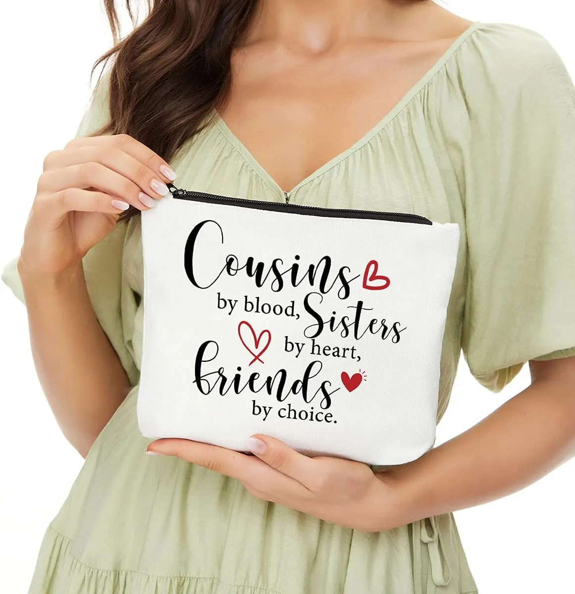 JIUWEIHU Cousin Gifts for Women, Cousin Birthday Gift Cousins by Blood, Sisters by Heart, Friends by Choice hanksgiving Christmas Graduation Wedding Gifts for Women, Girls, Her Cousin Makeup Bag