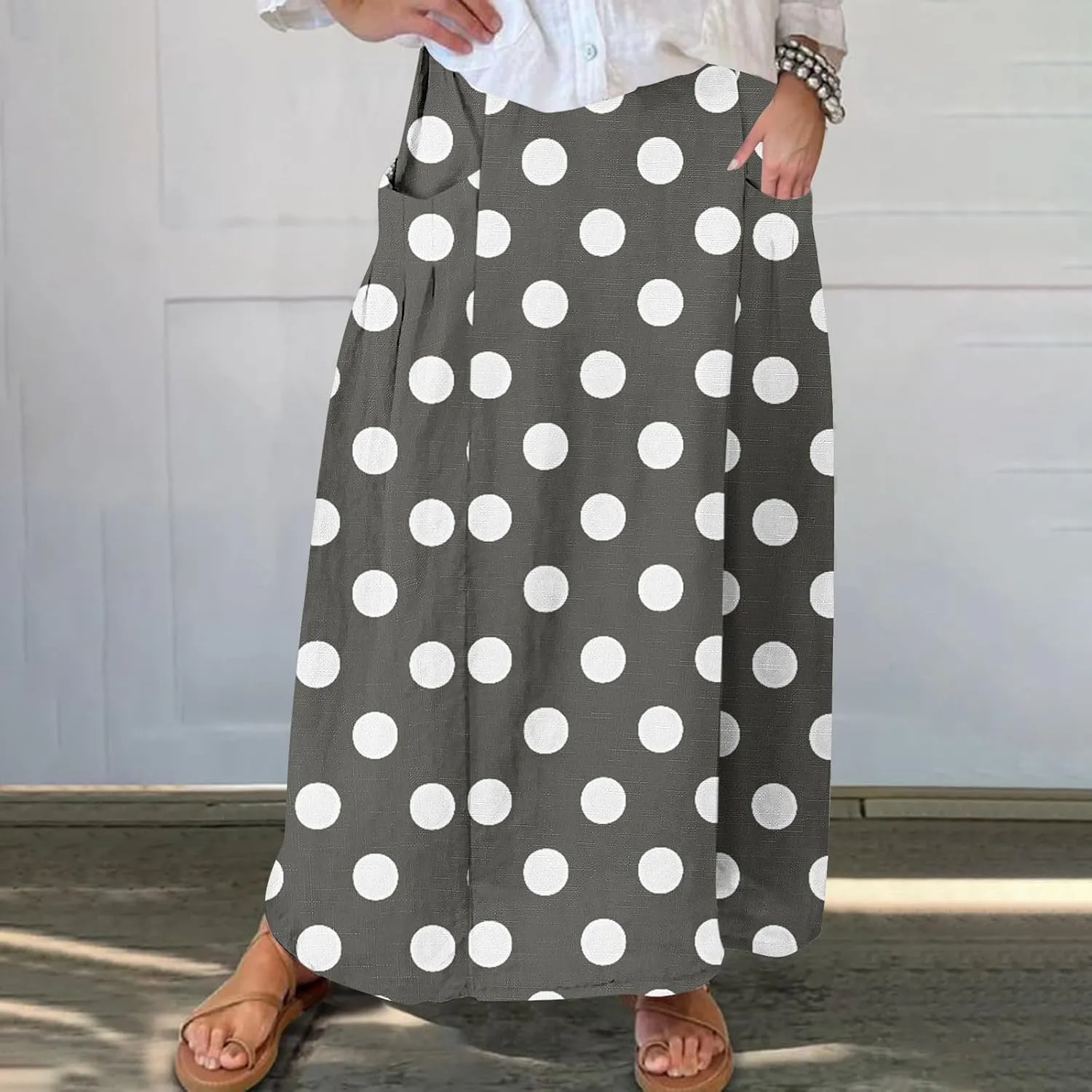 JOAU Women's Polka Dot Maxi Skirt with Pockets High Elastic Waist Flowy Casual Summer Bohemian A Line Beach Vacation Skirts