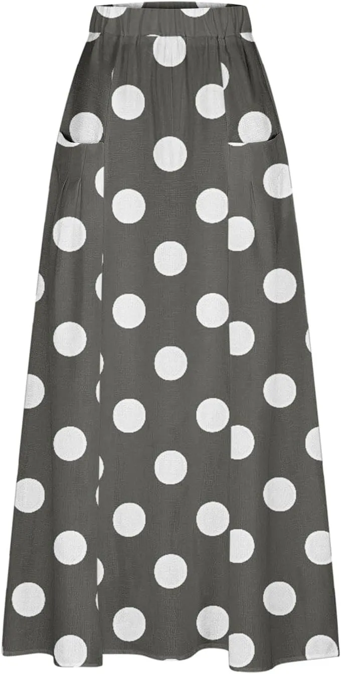 JOAU Women's Polka Dot Maxi Skirt with Pockets High Elastic Waist Flowy Casual Summer Bohemian A Line Beach Vacation Skirts