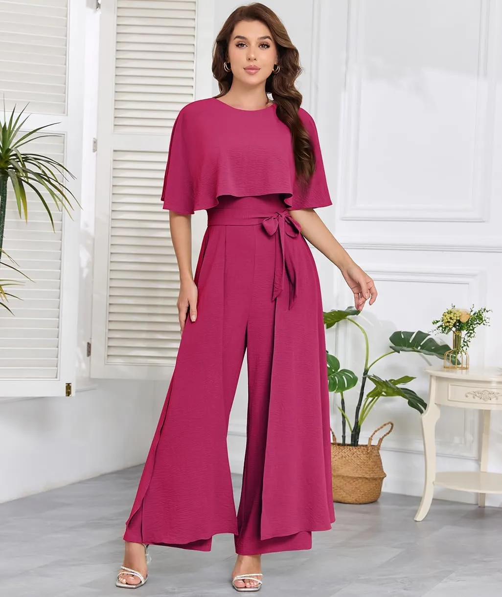 Jumpsuits for Women Dressy Summer Casual One-Piece Outfits Elegant Formal Cape Belted Wide Leg Rompers Evening Pantsuits